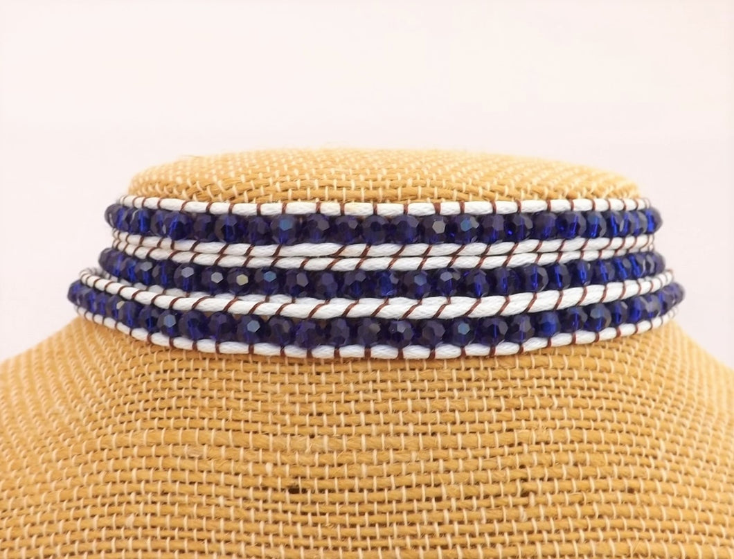 White Cord & Dark Blue Bead Long Strand Bracelet