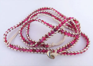 White Cord & Pink Bead Long Strand Bracelet