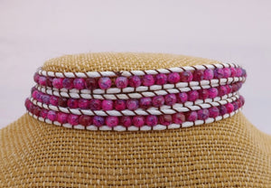 White Cord & Pink Bead Long Strand Bracelet