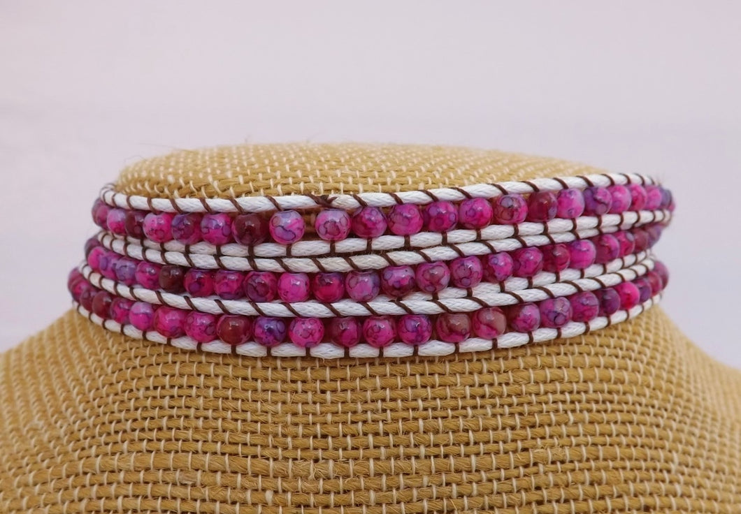 White Cord & Pink Bead Long Strand Bracelet