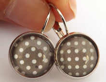 Load image into Gallery viewer, White Dots on Grey - Silver Tone Dome Earrings on Lever Back Hooks
