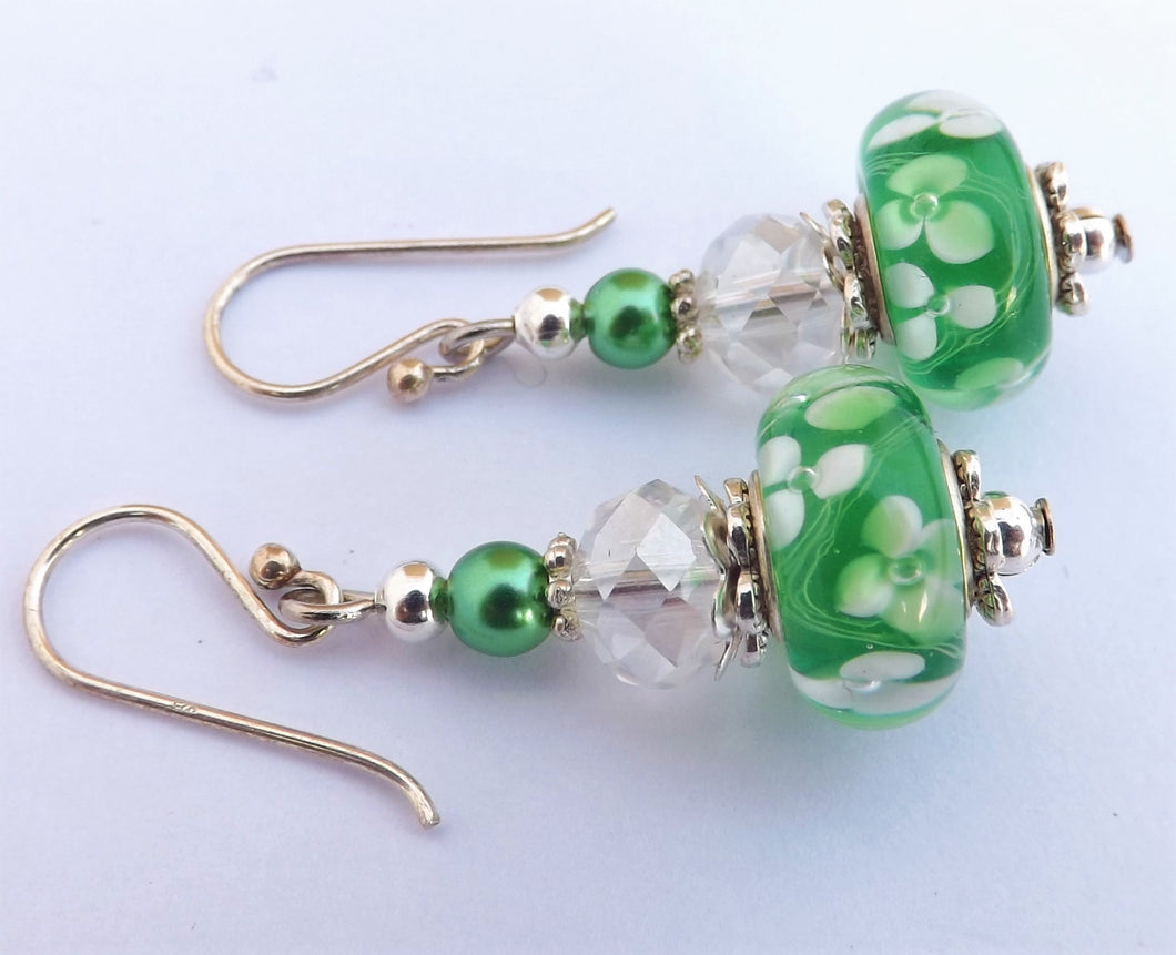 White Flowers on Green Art Glass Bead Earrings on Sterling Silver Hooks