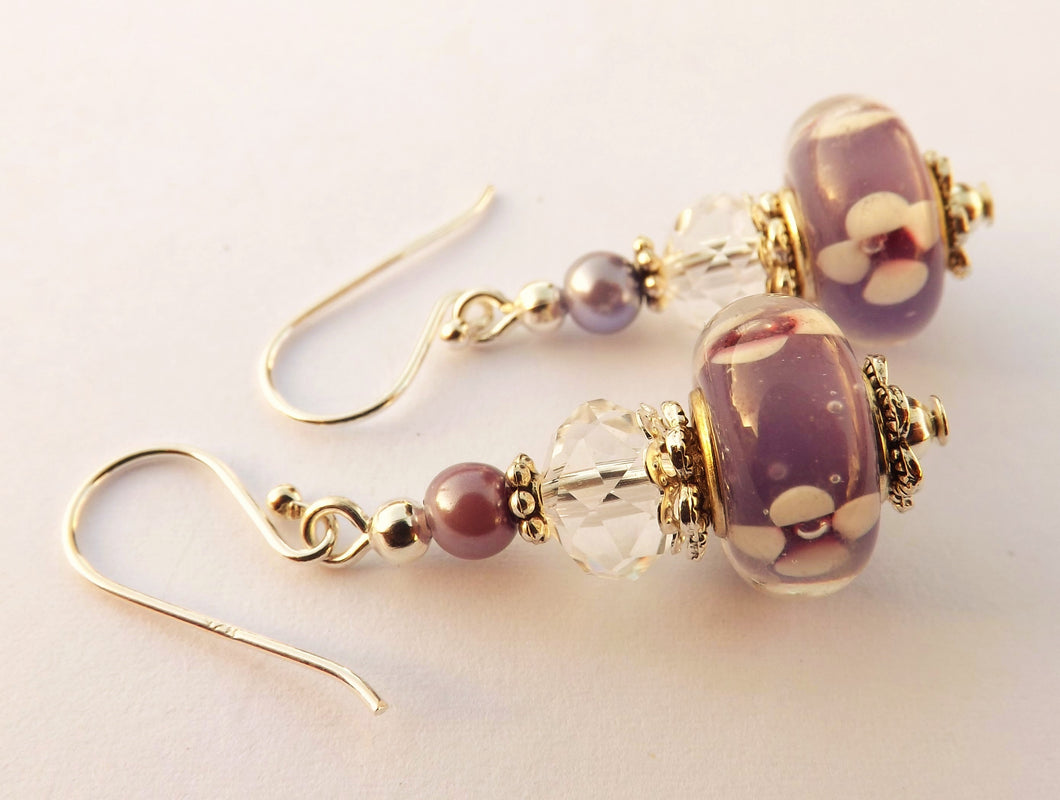 White Flowers on Purple Art Glass Bead Earrings on Sterling Silver Hooks