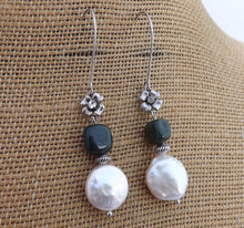 Load image into Gallery viewer, White Freshwater Pearl, Green Stone &amp; Silver Tone Drop Earrings
