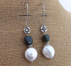 White Freshwater Pearl, Green Stone & Silver Tone Drop Earrings