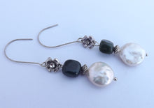 Load image into Gallery viewer, White Freshwater Pearl, Green Stone &amp; Silver Tone Drop Earrings
