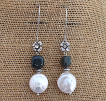 Load image into Gallery viewer, White Freshwater Pearl, Green Stone &amp; Silver Tone Drop Earrings
