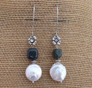 White Freshwater Pearl, Green Stone & Silver Tone Drop Earrings