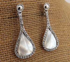 White Mother of Pearl & Silver Tone Teardrop Earrings on Stud Setting