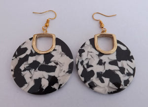 White, Black & Gold Tone Round Acrylic Earrings