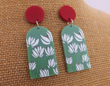 Load image into Gallery viewer, White, Green &amp; Red Floral Acrylic Earrings
