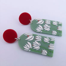 Load image into Gallery viewer, White, Green &amp; Red Floral Acrylic Earrings
