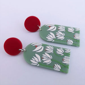 White, Green & Red Floral Acrylic Earrings