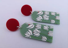 Load image into Gallery viewer, White, Green &amp; Red Floral Acrylic Earrings

