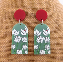 Load image into Gallery viewer, White, Green &amp; Red Floral Acrylic Earrings
