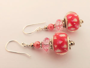 White & Pink Flecks Acrylic Bead Earrings on Sterling Silver Hooks