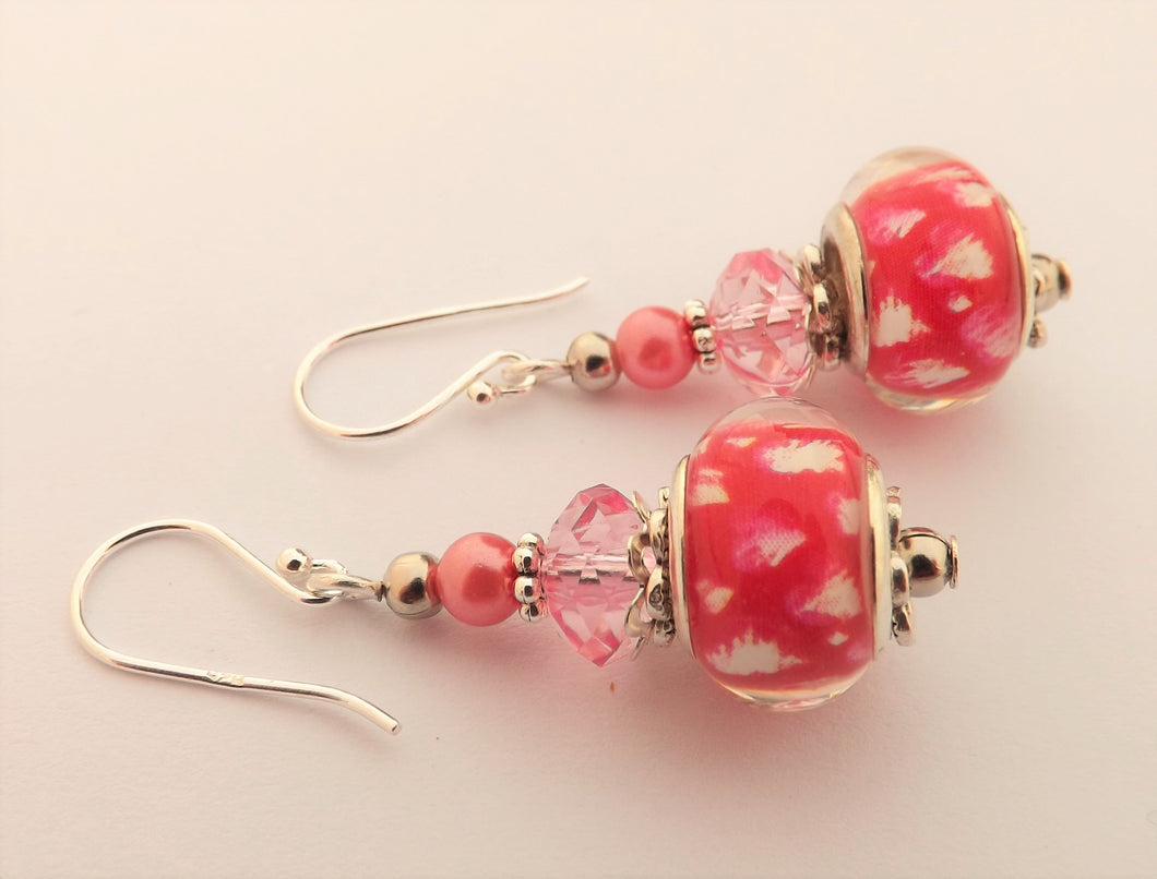 White & Pink Flecks Acrylic Bead Earrings on Sterling Silver Hooks