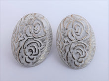 Load image into Gallery viewer, White &amp; Silver Tone Roses Vintage Oval Stud Earrings
