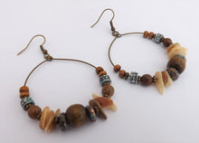 Load image into Gallery viewer, Wood, Shell &amp; Bronze Tone Bead Hoop Drop Earrings
