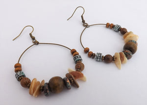 Wood, Shell & Bronze Tone Bead Hoop Drop Earrings