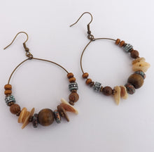 Load image into Gallery viewer, Wood, Shell &amp; Bronze Tone Bead Hoop Drop Earrings
