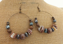 Load image into Gallery viewer, Wood, Shell &amp; Bronze Tone Bead Hoop Drop Earrings
