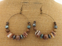 Load image into Gallery viewer, Wood, Shell &amp; Bronze Tone Bead Hoop Drop Earrings
