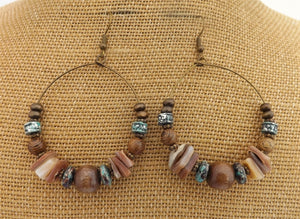 Wood, Shell & Bronze Tone Bead Hoop Drop Earrings