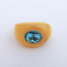 Load image into Gallery viewer, Yellow Acrylic Ring with Blue Faux Diamond (size 8)
