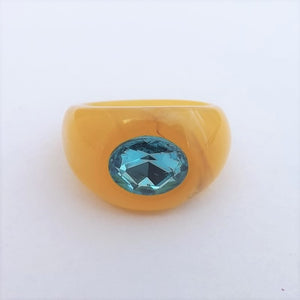 Yellow Acrylic Ring with Blue Faux Diamond (size 8)