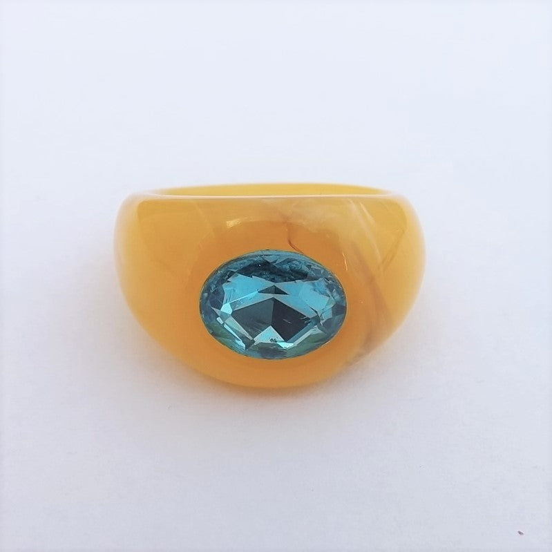 Yellow Acrylic Ring with Blue Faux Diamond (size 8)