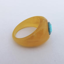 Load image into Gallery viewer, Yellow Acrylic Ring with Blue Faux Diamond (size 8)
