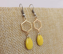 Load image into Gallery viewer, Yellow Drop Earrings with Gold Tone Hexagon
