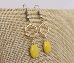 Yellow Drop Earrings with Gold Tone Hexagon