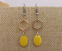 Load image into Gallery viewer, Yellow Drop Earrings with Gold Tone Hexagon
