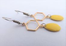 Load image into Gallery viewer, Yellow Drop Earrings with Gold Tone Hexagon
