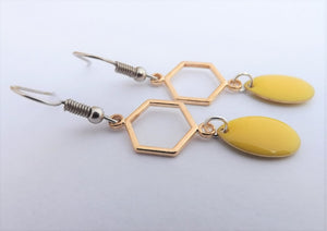 Yellow Drop Earrings with Gold Tone Hexagon