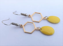 Load image into Gallery viewer, Yellow Drop Earrings with Gold Tone Hexagon
