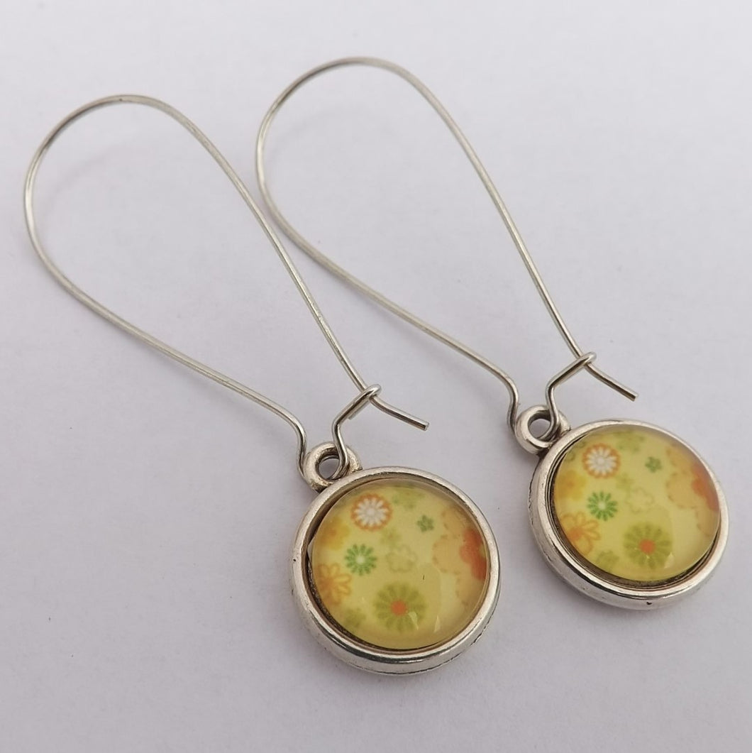 Yellow Floral Dome Earrings on Long Silver Tone Kidney Hooks