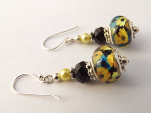 Yellow Flowers on Black Acrylic Bead Earrings on Sterling Silver Hooks