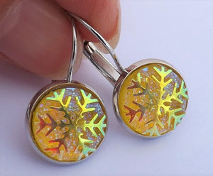 Yellow Glittery Snowflake Dome Earrings on Lever Back Hooks