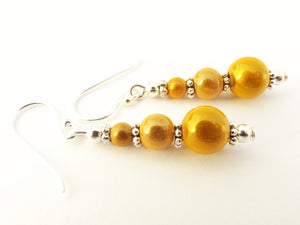 Yellow Gold  Magic Bead Earrings on Sterling Silver Hooks
