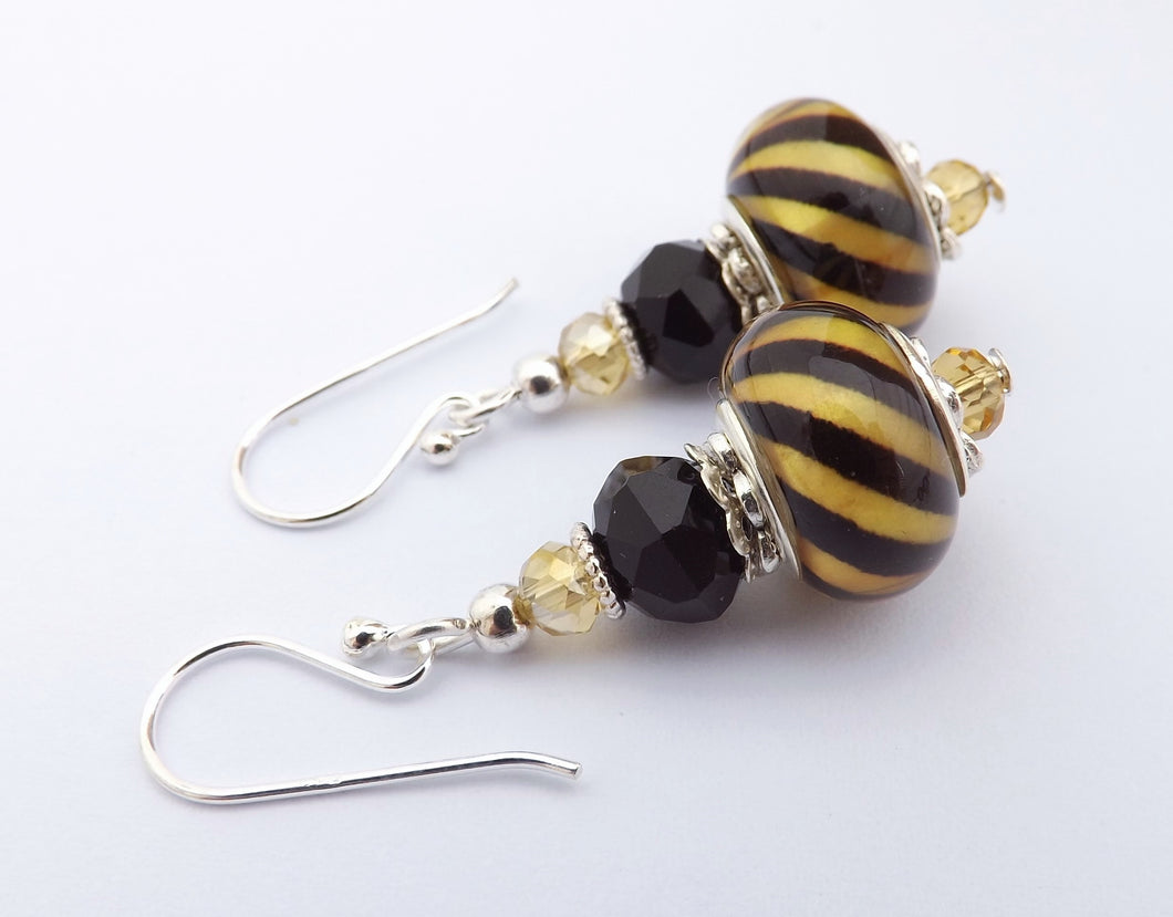 Yellow Gold & Black Striped Acrylic Bead Earrings on Sterling Silver Hooks