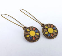 Load image into Gallery viewer, Yellow &amp; Bronze Tone Round Dotted Drop Earrings on Long Kidney Hooks
