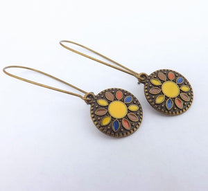 Yellow & Bronze Tone Round Dotted Drop Earrings on Long Kidney Hooks