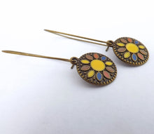 Load image into Gallery viewer, Yellow &amp; Bronze Tone Round Dotted Drop Earrings on Long Kidney Hooks
