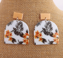 Load image into Gallery viewer, Yellow, Grey &amp; White Floral Acrylic Earrings
