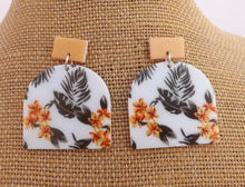 Load image into Gallery viewer, Yellow, Grey &amp; White Floral Acrylic Earrings
