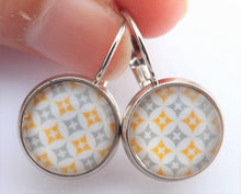 Load image into Gallery viewer, Yellow, Grey &amp; White Pattern Dome Earrings on Lever Back Hooks
