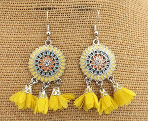 Silver Tone Chandelier Earrings with Flower Posy Tassel Drops (multiple colour options)